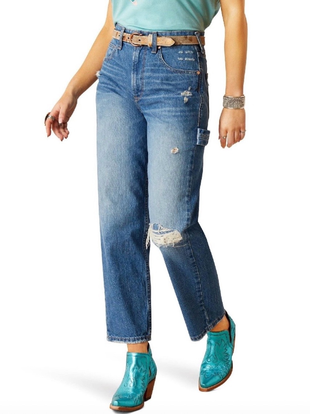 Ariat Mid-Rise Distressed Straight Leg Jeans - Blue Denim